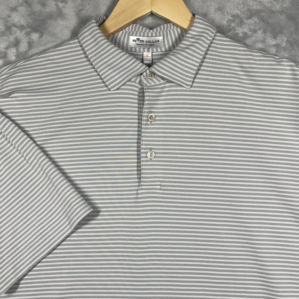 Peter Millar Gray and White Striped Polo Shirt
